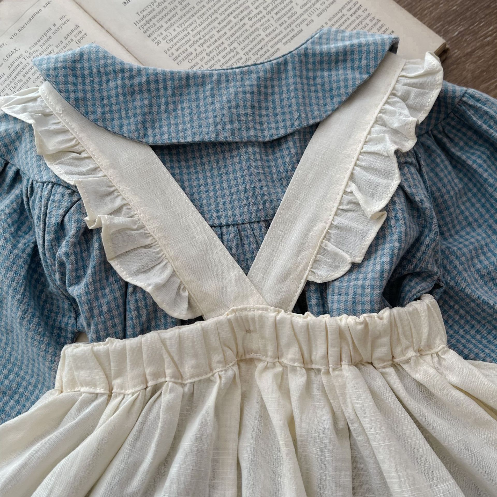 Infant Single-breasted Long Sleeve Small Plaid Romper Sling Small Overskirt view 2