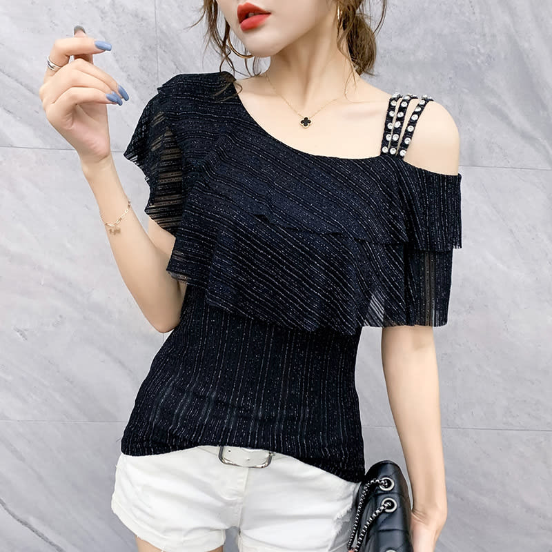Ruffled Shoulder Leakage Ice Silk Top view 2
