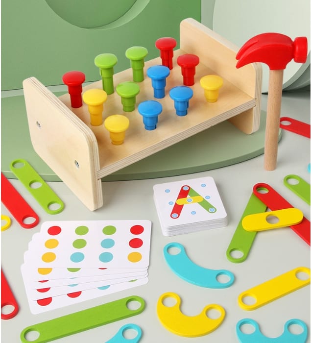 Two-in-one Pile Bridge Platform Nail Table Toy Children's Wooden Puzzle Pile Suit view 3
