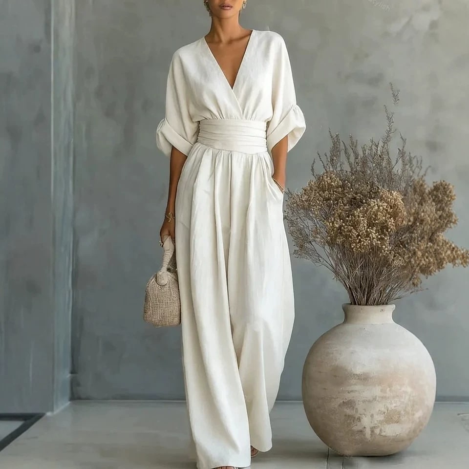 Summer Short-sleeved Jumpsuit Fashion Casual V-Neck Wide-Leg Pants Womens Clothing view 13