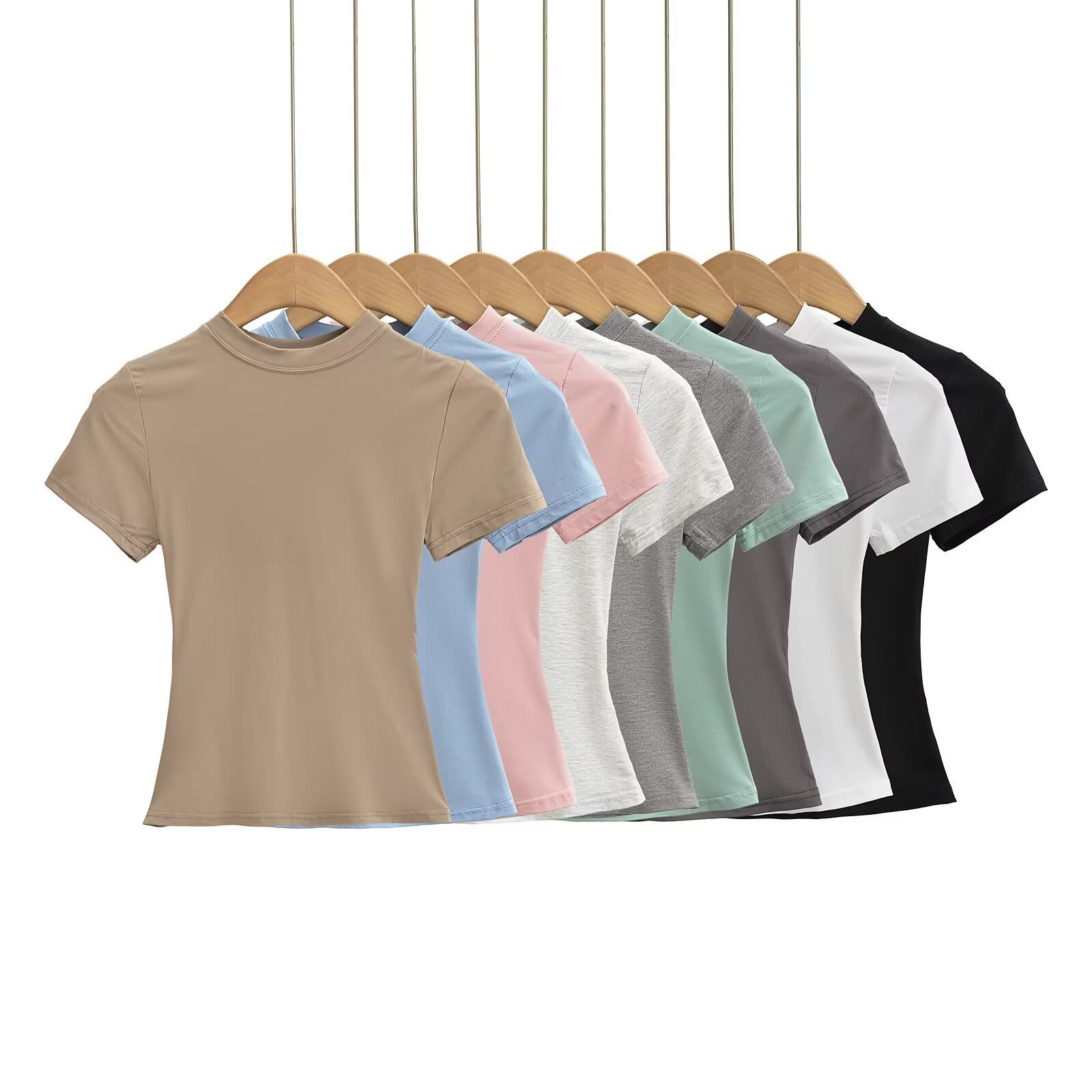 Solid Color Small Round Neck Elastic Shoulder Short Sleeve T-shirt Basic Style Waist-tight view 8