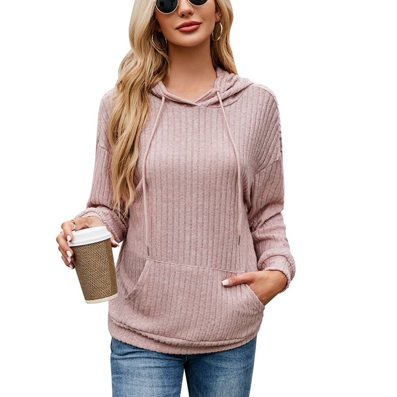 Women's Knitwear Hooded Sunken Stripe Kangaroo Pocket Sweatshirt view 10