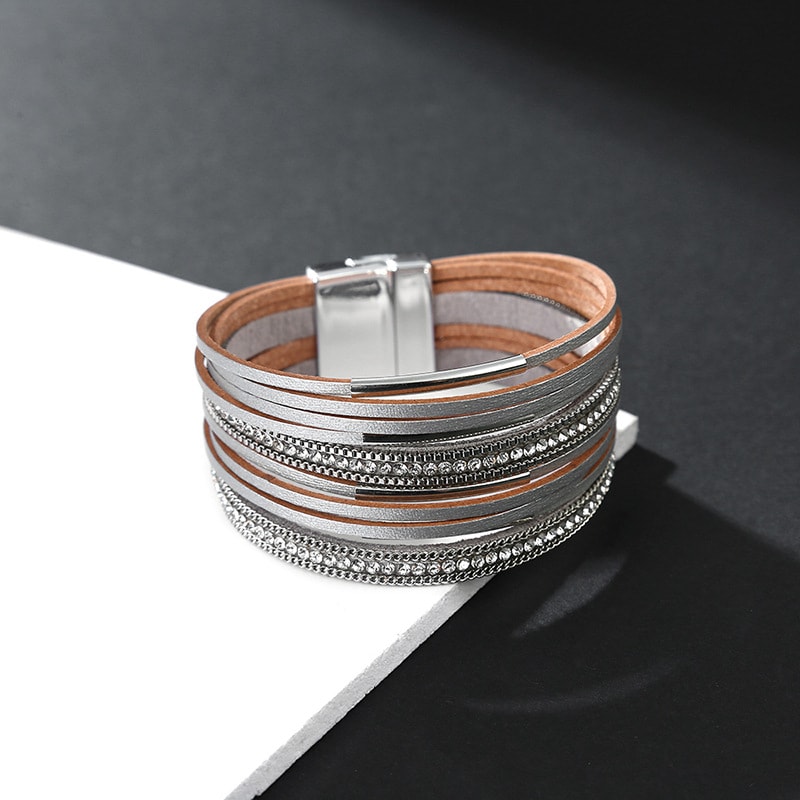 Multi-layer Genuine Leather Slim Chain Copper Tube Stick-on Crystals Bracelet view 10