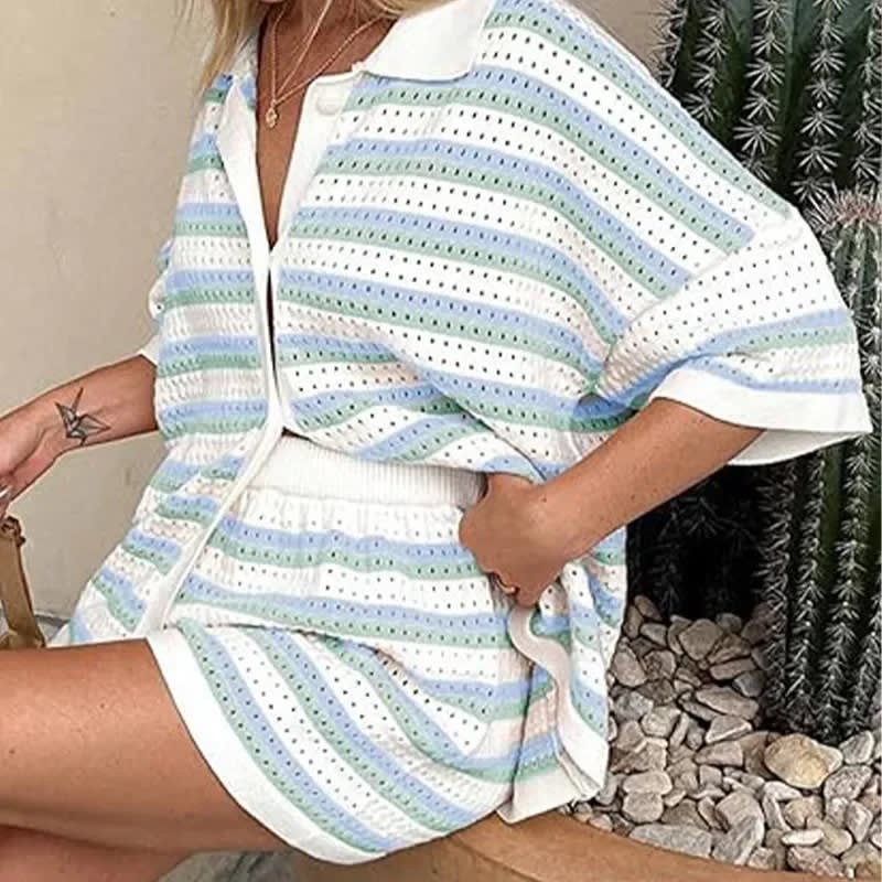 Contrast Color Top Lapel Shirt Striped Shorts Suit view 6