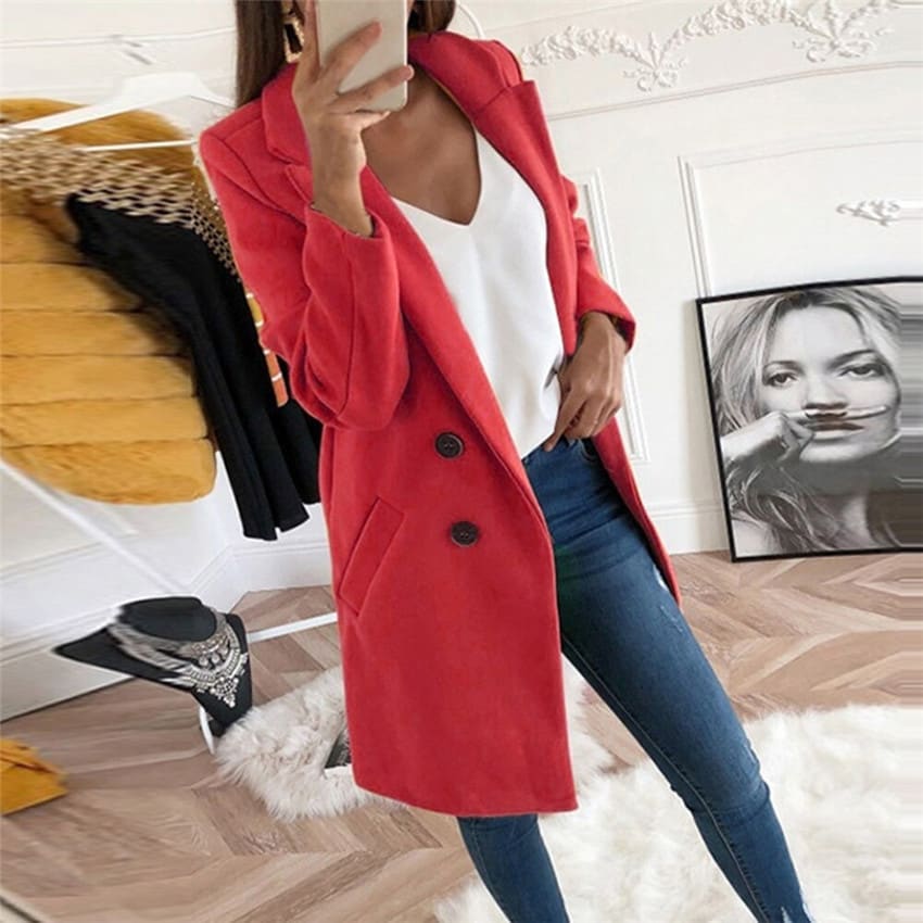 Solid Color Polo Collar Mid-length Button Woolen Coat view 8