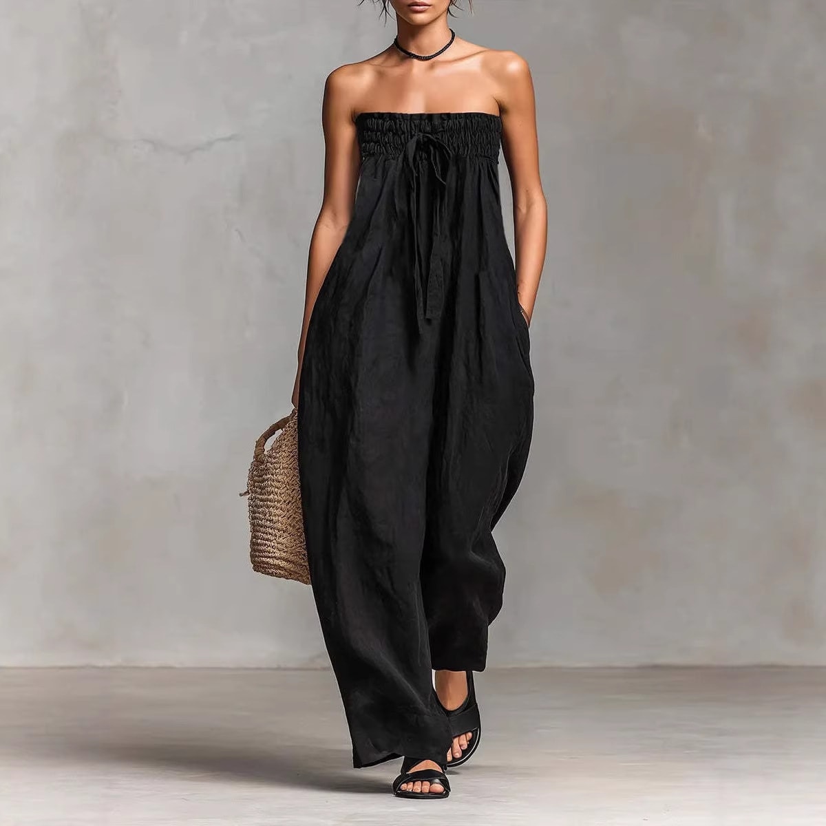 Women's Strapless Ruched Jumpsuit Summer Fashion Tie-up Loose Straight-leg Jumpsuit view 7