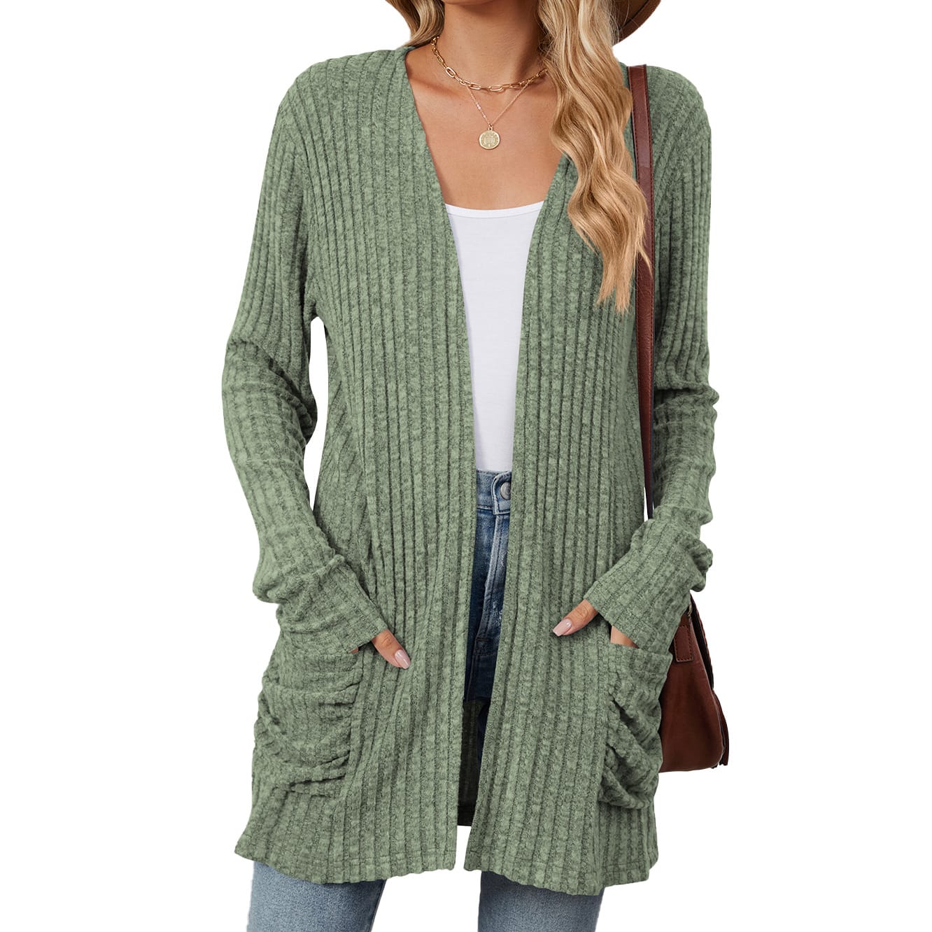 Solid Color Pocket Long Sleeve Bottoming Cardigan Knitwear view 11