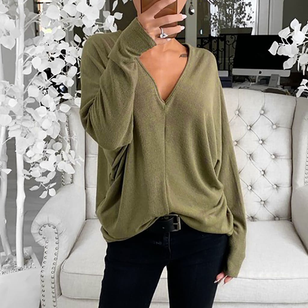 V-neck Lapsed Sleeves Loose Long-sleeved Top T-shirt For Women view 5