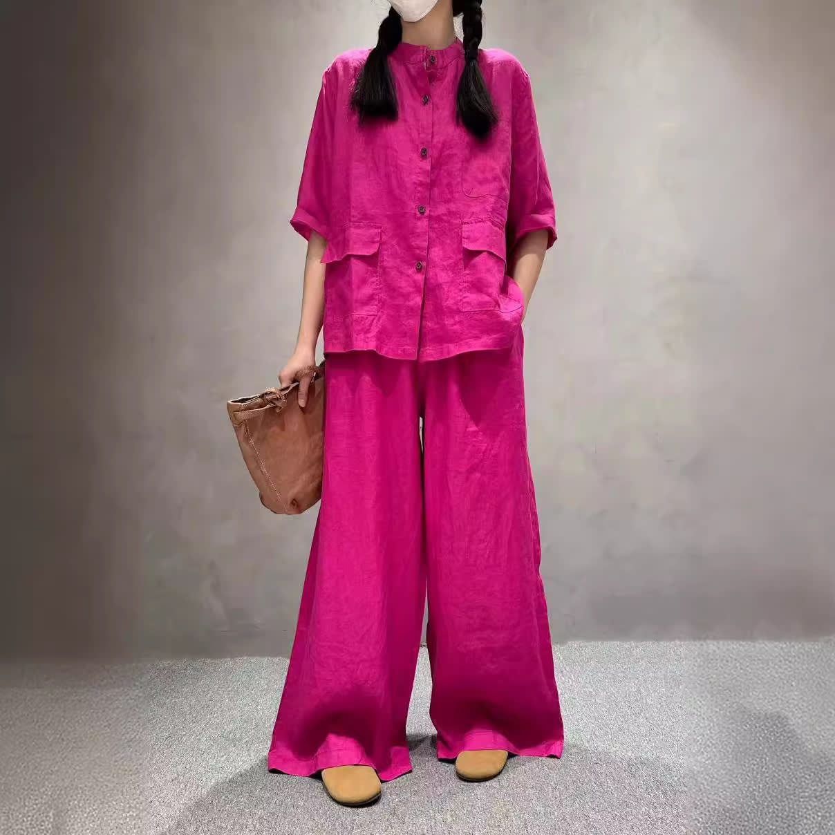 Solid Color Linen Suit Half Sleeve Shirt Casual Pants view 11