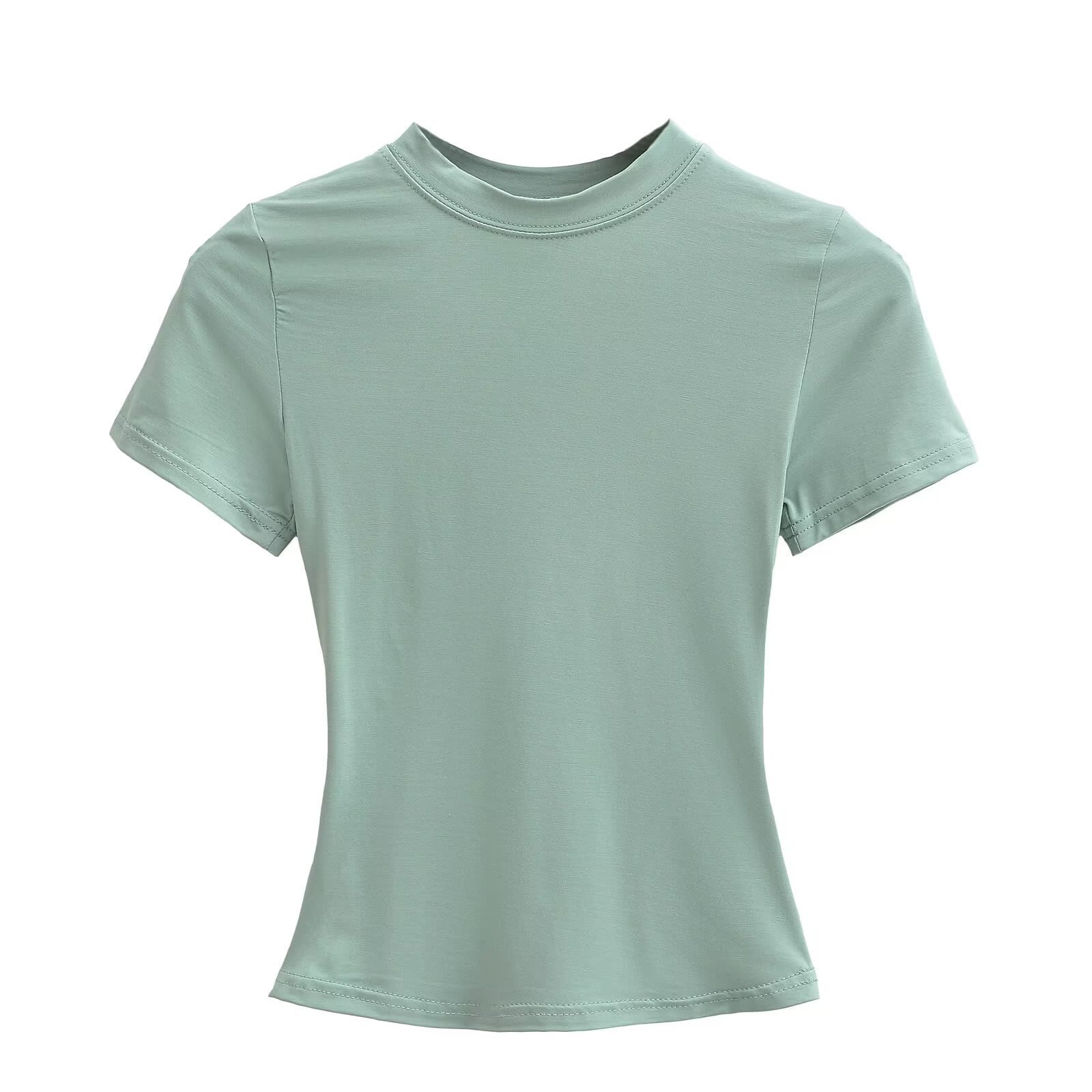 Solid Color Small Round Neck Elastic Shoulder Short Sleeve T-shirt Basic Style Waist-tight view 5