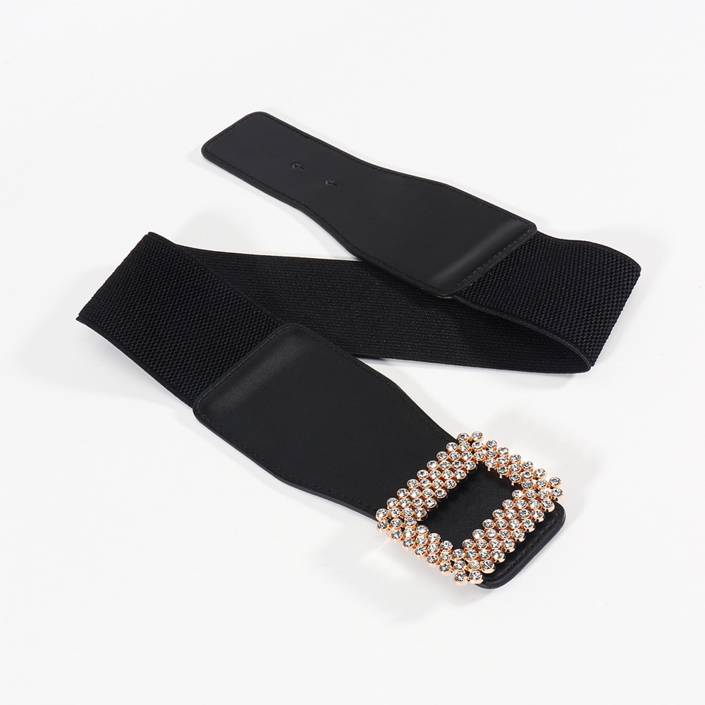 Elastic Female Black Rhinestone Square Buckle Elastic Waistband view 13