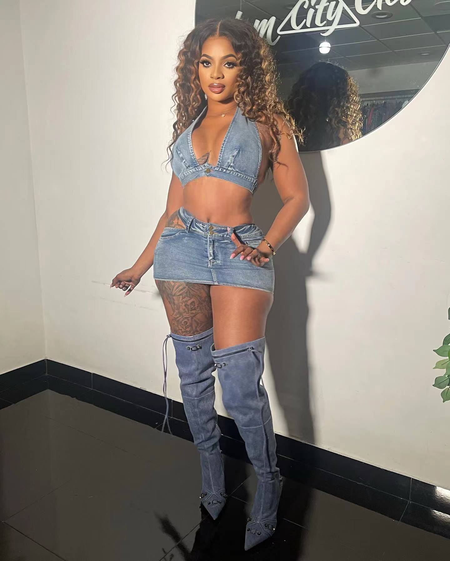 Washed Elastic Denim Casual Sexy Skirt Suit view 12