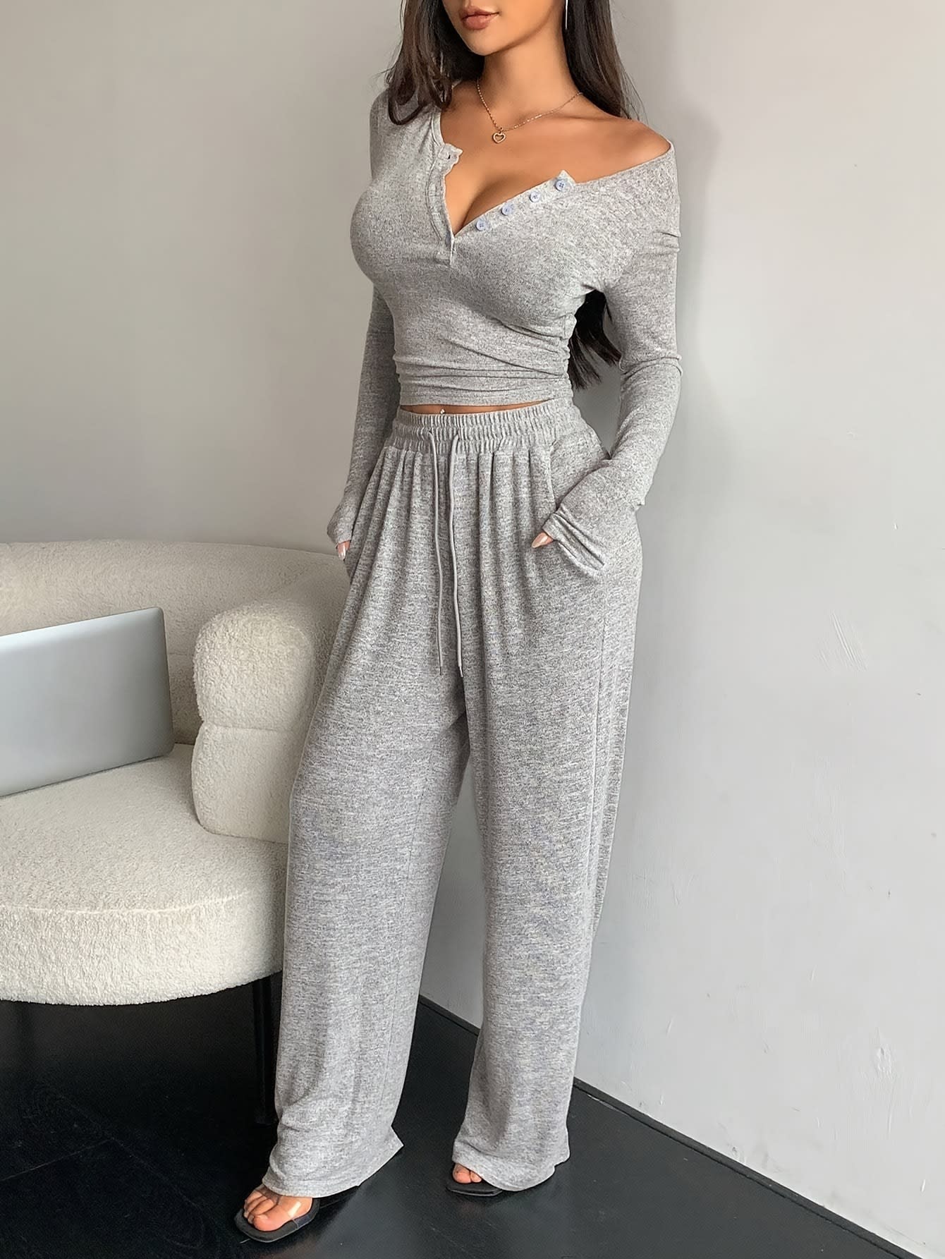 Women's Long-sleeved Button-up Solid Color Top And Trousers Two-piece Suit view 8
