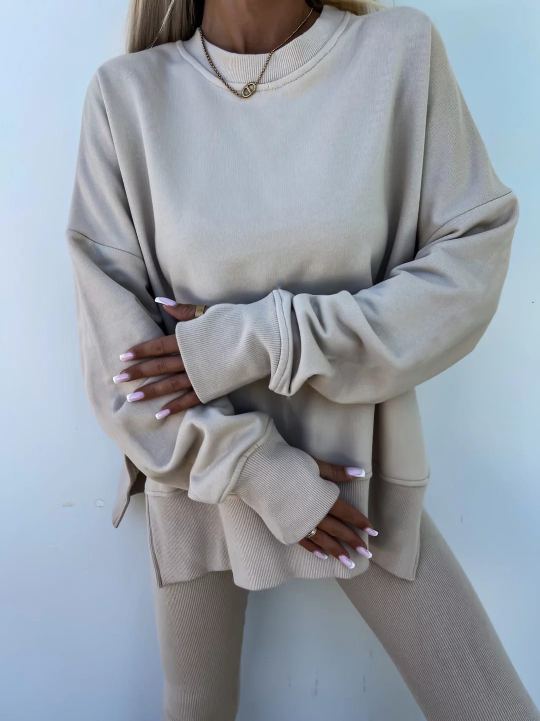 Sweater Suit Women's Casual Loose Long Sleeve Crew Neck Split Top Tight Trousers view 24
