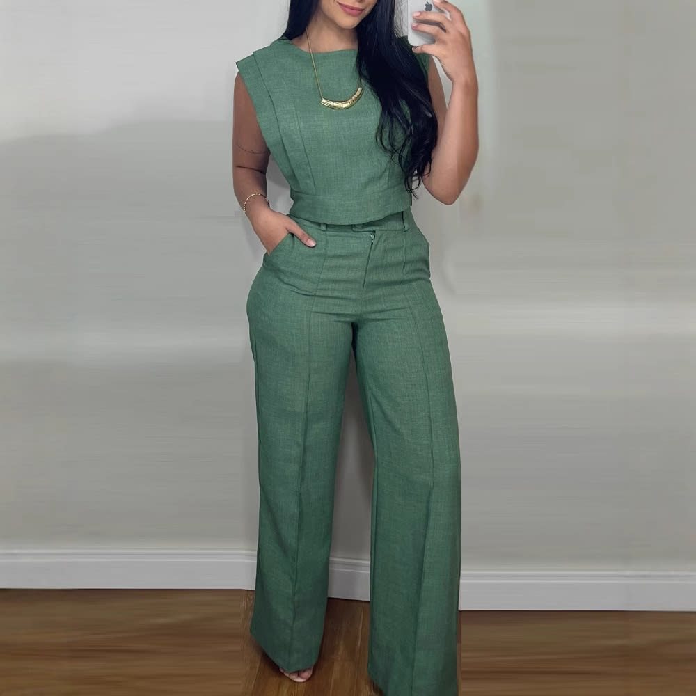 Summer Sleeveless Suit Fashion Round Neck Vest Top And Pocket Straight Pants Casual Trousers Set For Women Clothing view 2