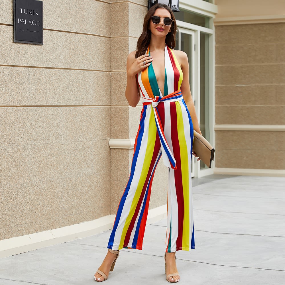 Women's V-neck Colorful Striped Jumpsuit view 4