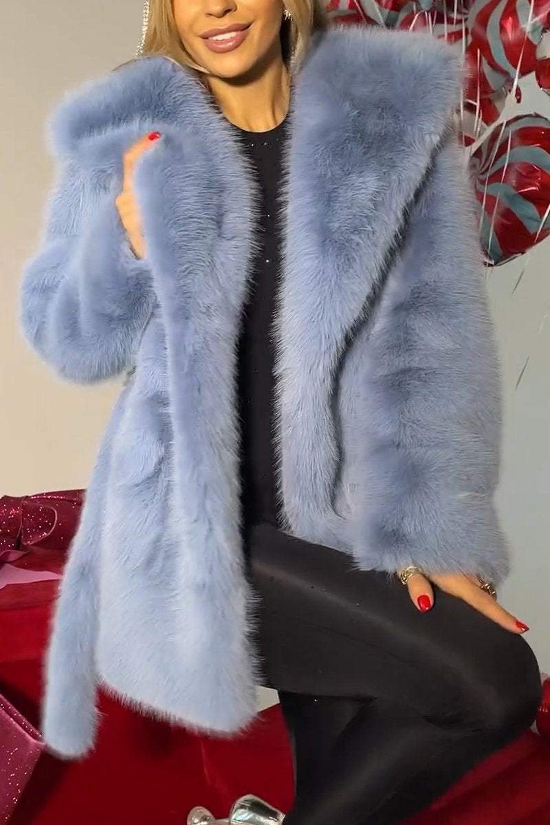 Autumn And Winter Elegant Hooded Strap Faux Fur Coat Women view 5