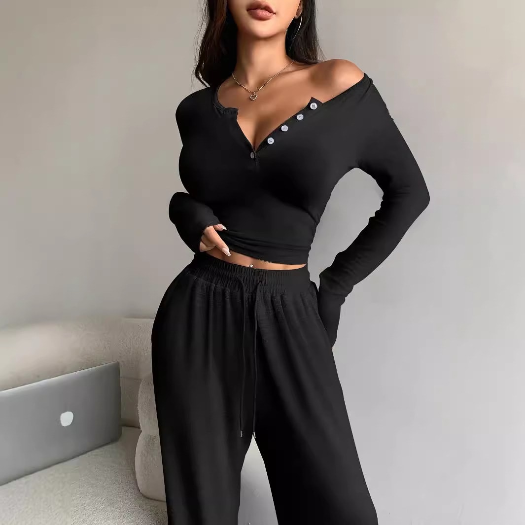 Women's Long-sleeved Button-up Solid Color Top And Trousers Two-piece Suit view 7