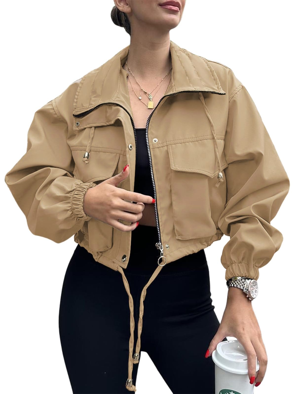 Solid Color Women's Short Jacket Zipper Trench Coat view 9