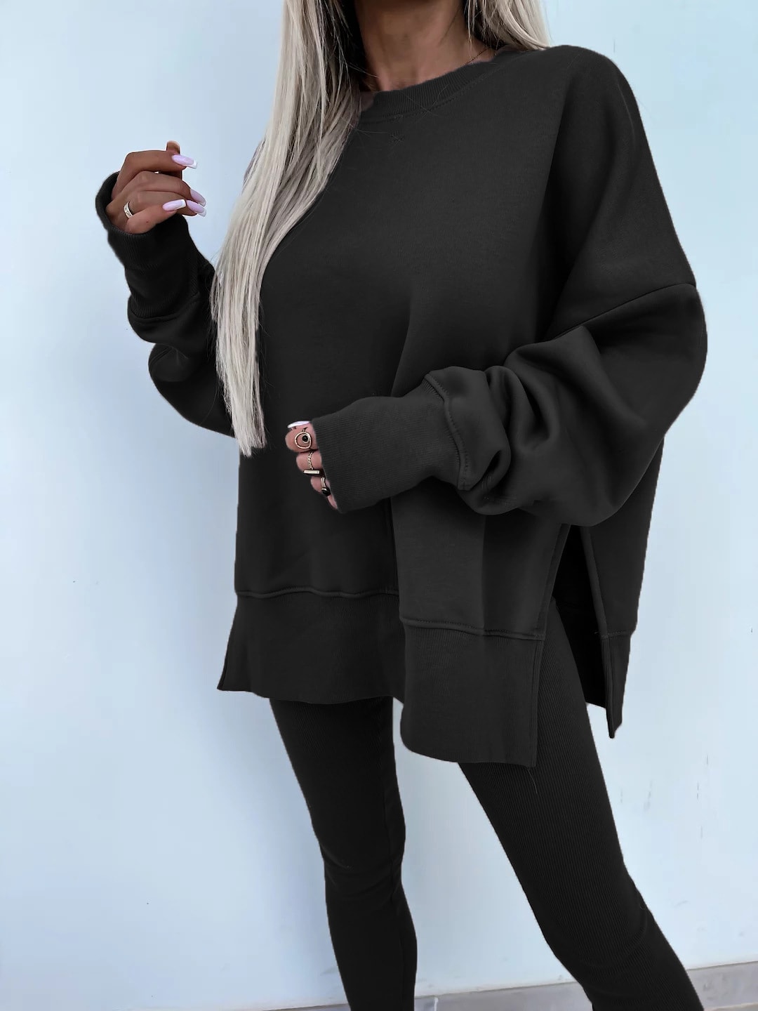 Sweater Suit Women's Casual Loose Long Sleeve Crew Neck Split Top Tight Trousers view 39