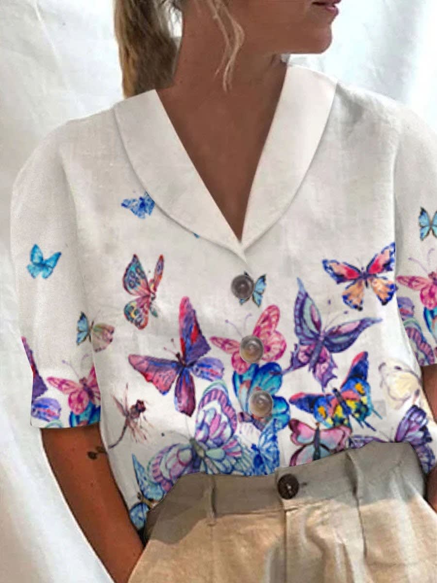 Women's Stand Collar Button Casual Half-sleeve Cotton And Linen Printed Short-sleeved Shirt view 14