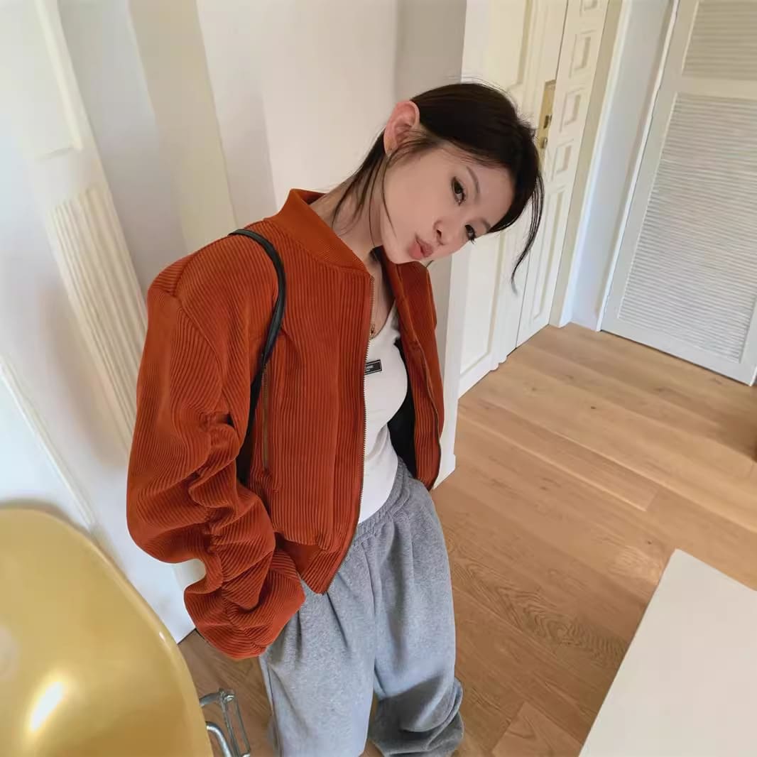 Corduroy Cotton Padded Thickened Pleated Sleeves Short Stand Collar Long Zipper view 3
