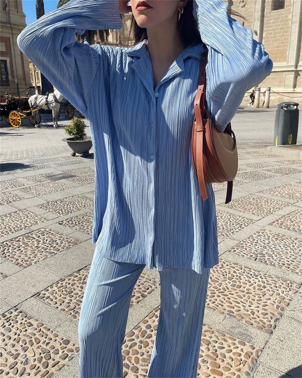 Pleated Design Shirt Outfit Straight-leg Trousers Loose Drooping Two-piece Set view 7