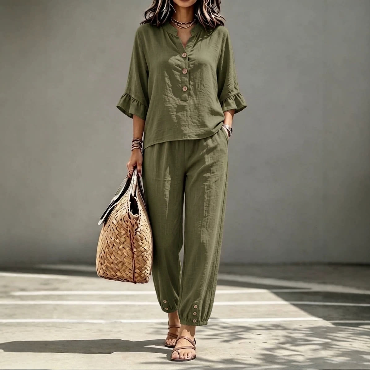 2pcs Set Women's Casual V-neck Collar Button Top Three-quarter-sleeve Top And Cropped Wide Leg Trousers Set Retro Female Office Suit view 8