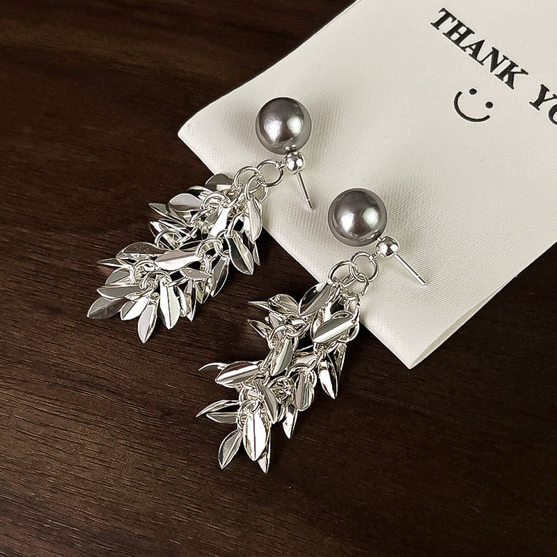 Sparkling Gray Pearl Tassel Earrings view 5