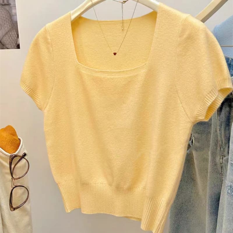 Solid Color Fashion Temperament Square Collar Pullover Short Sleeve Sweater view 4