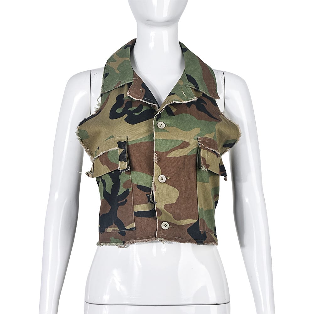 Personalized Trendy Backless Halter Lace-up Camouflage Top view 10