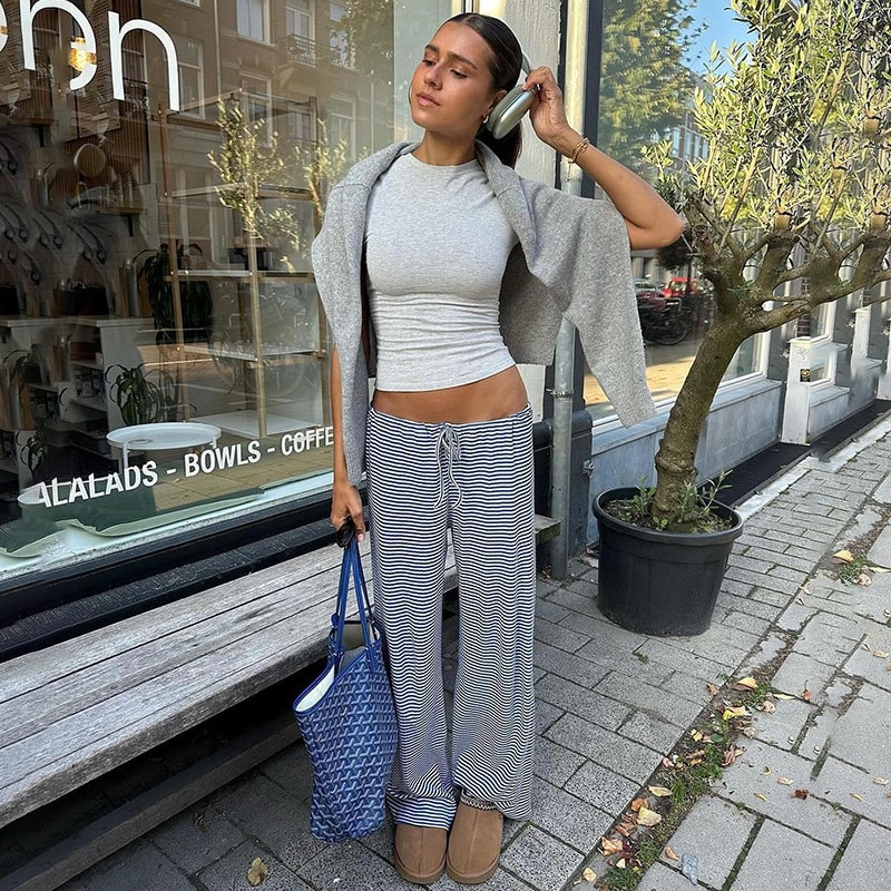Women's Striped Print Trousers Y2K Fashion Casual Lace Up Home Straight  Wide-leg Pants view 2