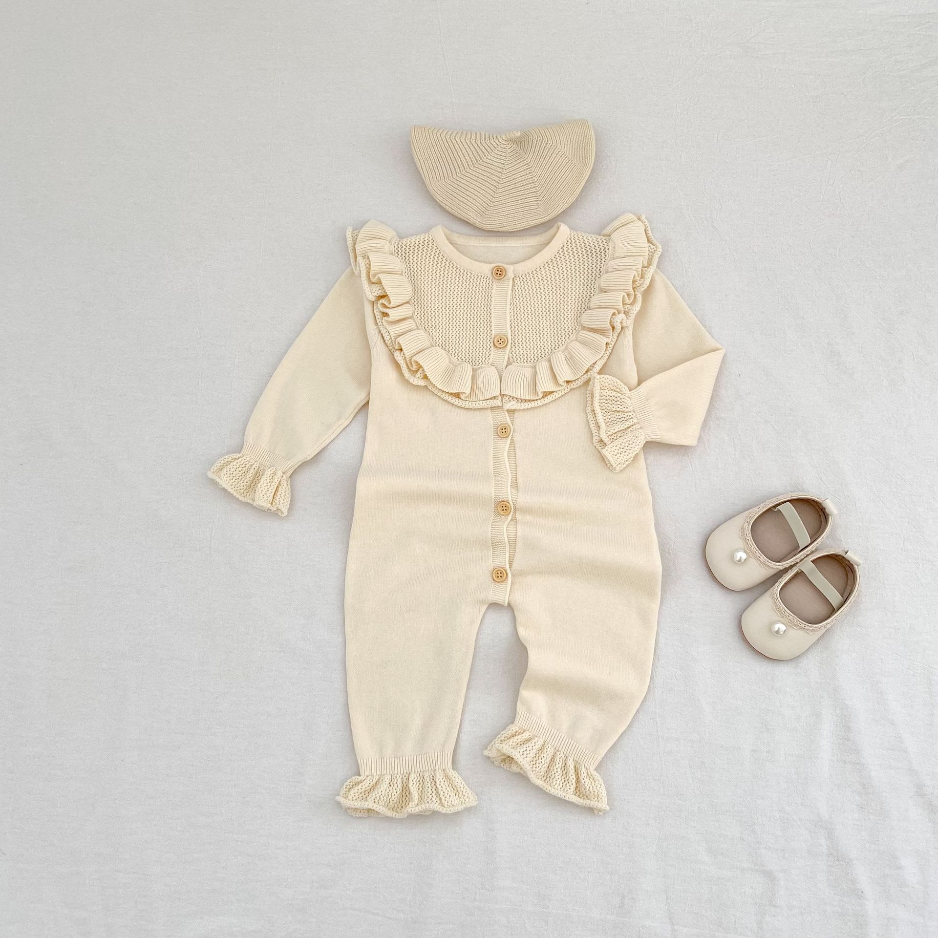 Baby Girl Round Neck Ruffled Stitching Long Climbing Fashionable Stylish Solid Color Jumpsuit view 4