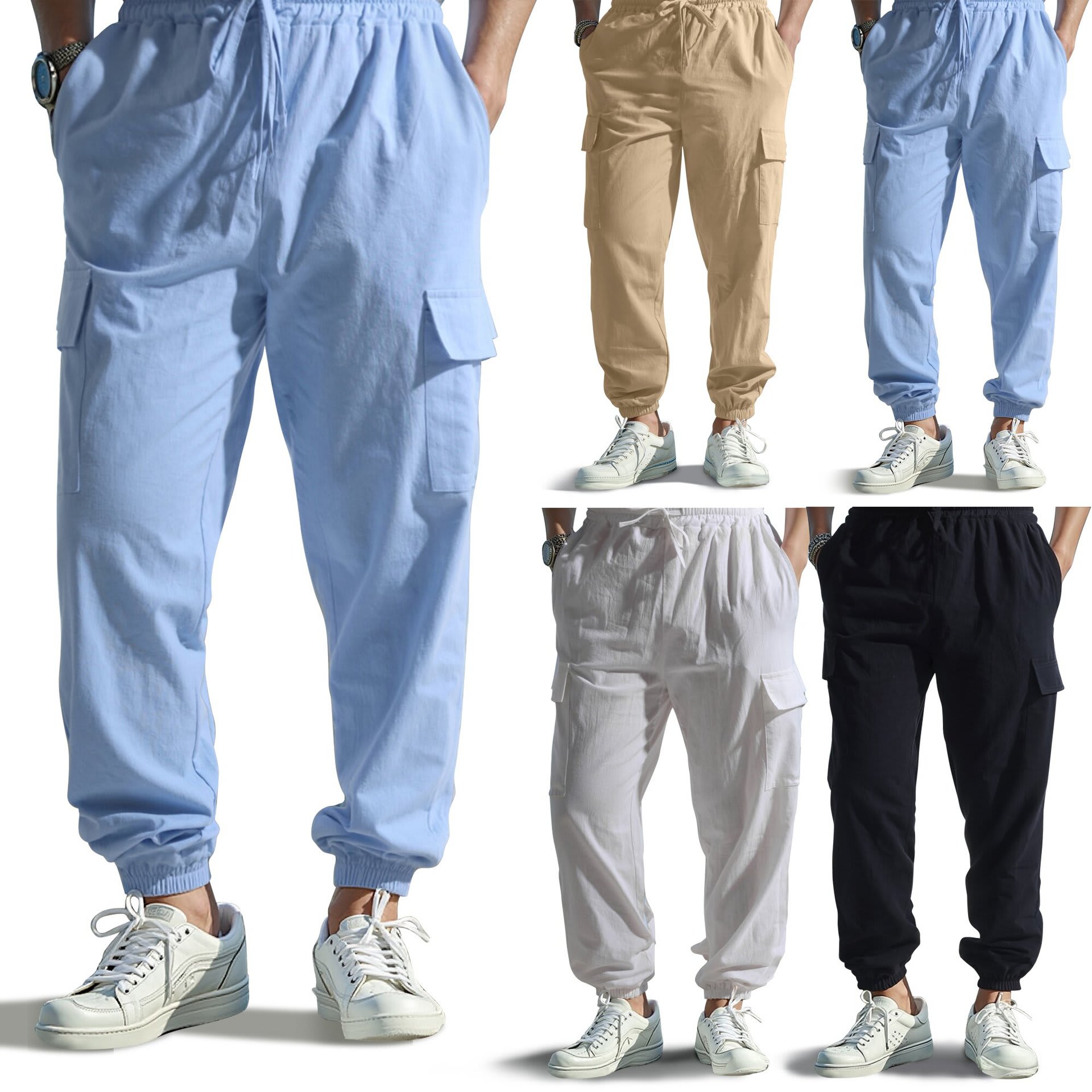 Men's Casual Multi-pocket Pants Cotton And Linen Straight Ankle Tied view 6