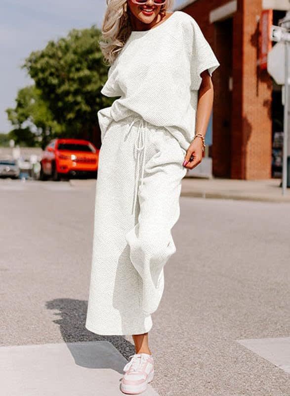 Solid Color Texture Casual Fashion Women's Wear Short-sleeved Trousers Two-piece Set view 20
