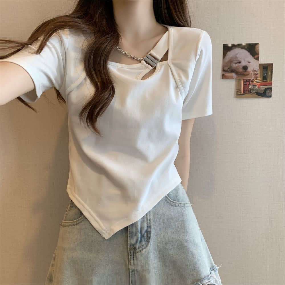 Slim Fit And Thin Cover Belly Hot Girl Irregular Short-sleeved T-shirt For Women view 3