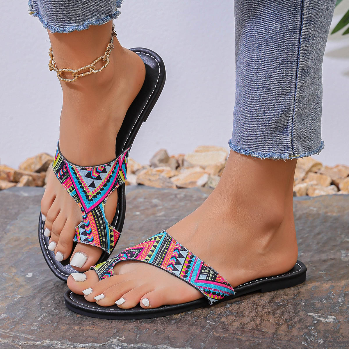 Plus Size Printed Ethnic Style Casual Toe Covering Flip-flops view 12