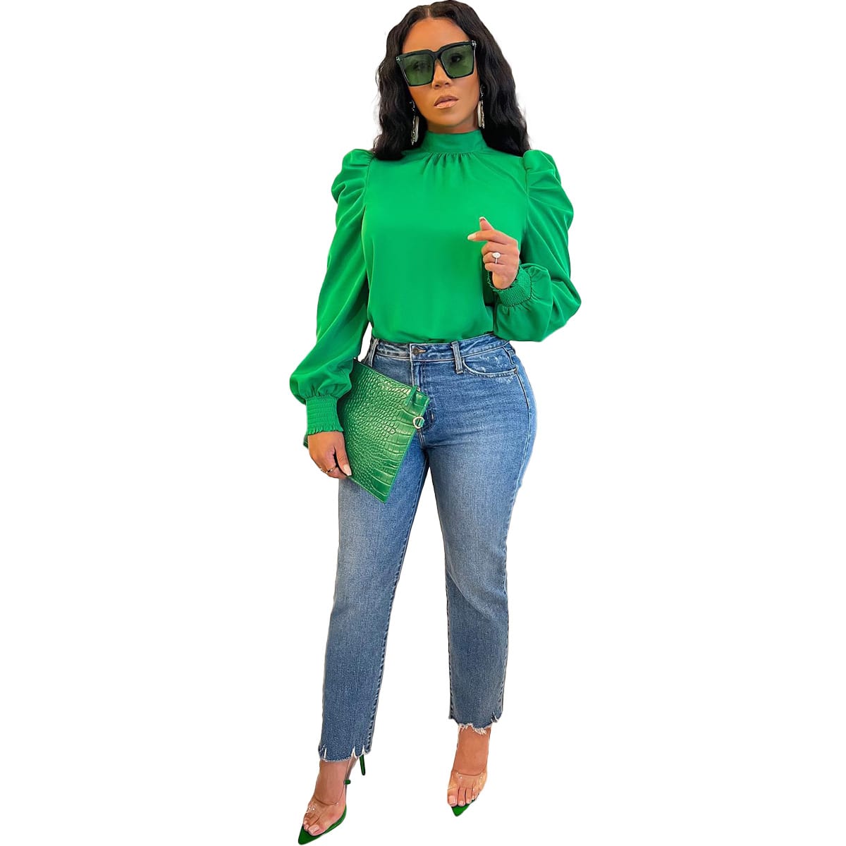 Stand Collar Puff Sleeve Back Lace-up Top view 3