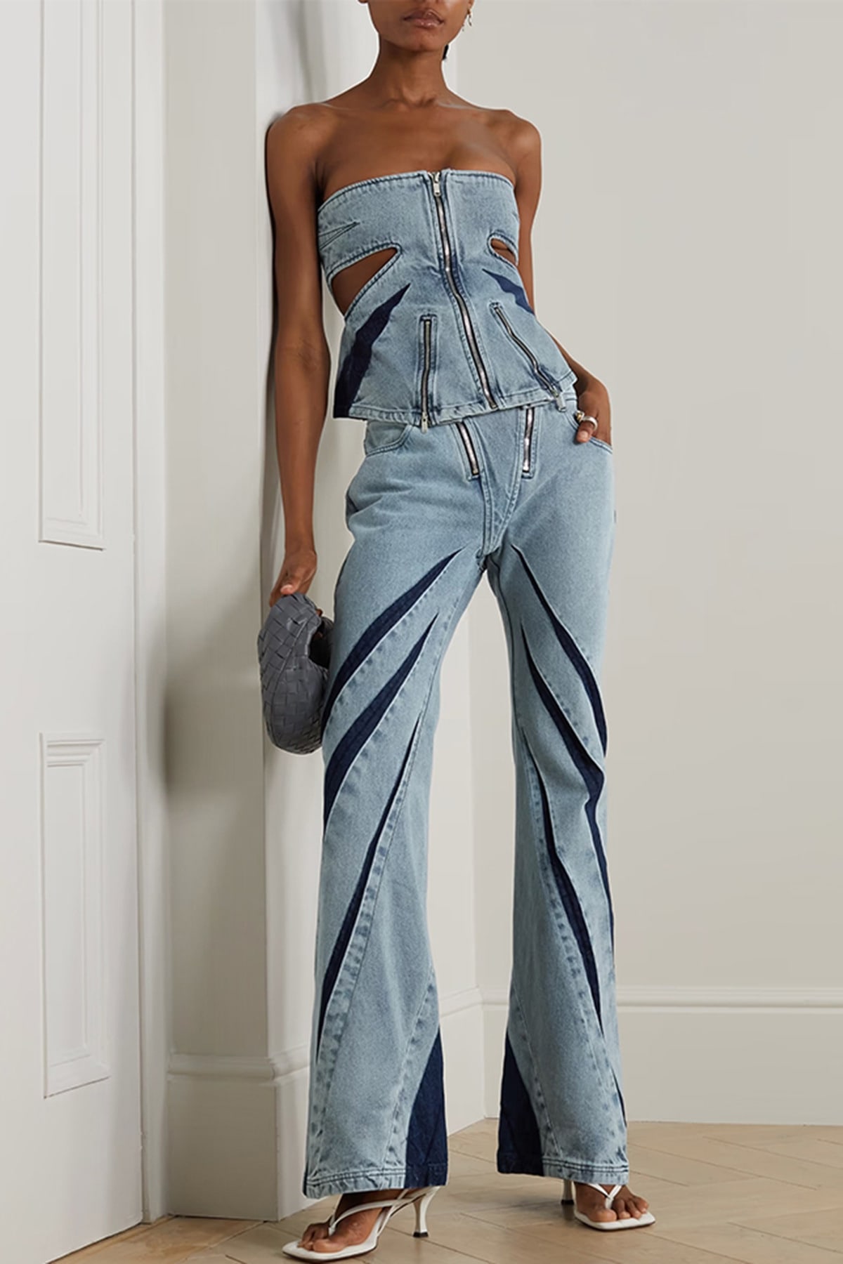 Color Contrast Patchwork Tube Top Three-dimensional Elastic Washed Jeans Two-piece Set view 6