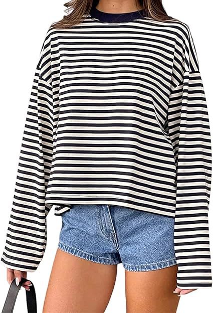 Casual Loose All-match Retro Contrast Color Striped Long-sleeved Top view 2
