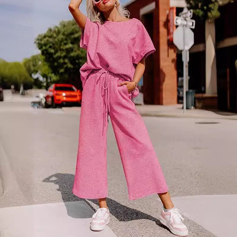 Solid Color Texture Casual Fashion Women's Wear Short-sleeved Trousers Two-piece Set view 4