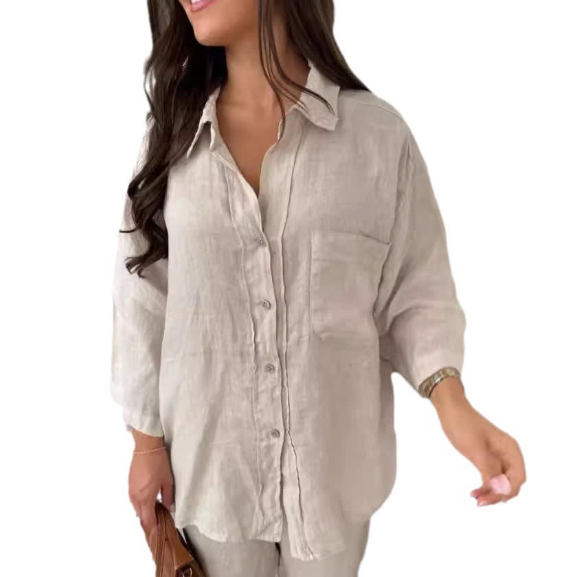 Casual Polyester Pocket Shirt Pants Suitable For Women's Wide Leg Pants, Long Sleeved Shirt Set, Women's Loose High Street Two-piece Set view 14