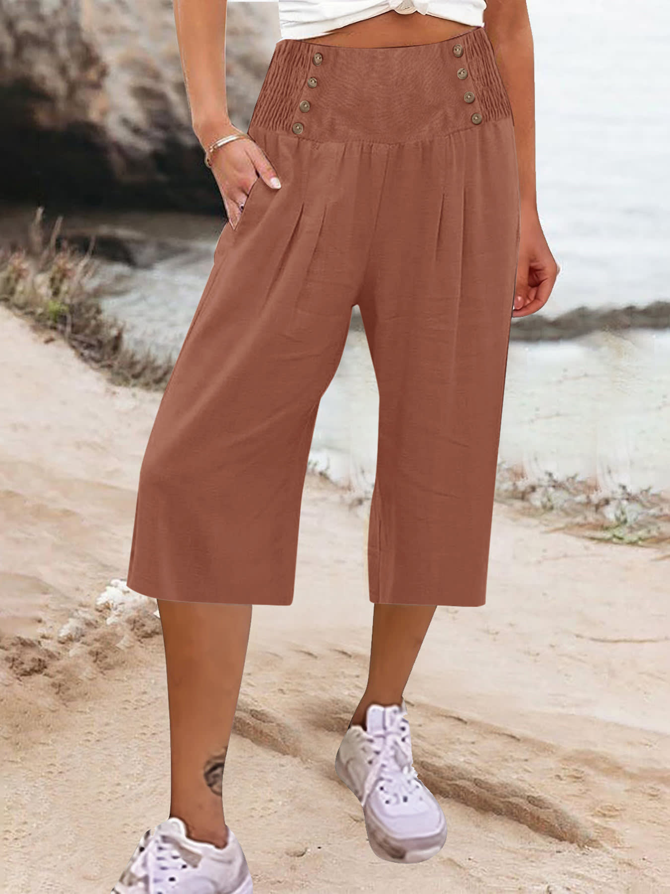 Women's Cotton And Linen Solid Color Buttons Loose Casual Cropped Pants view 26