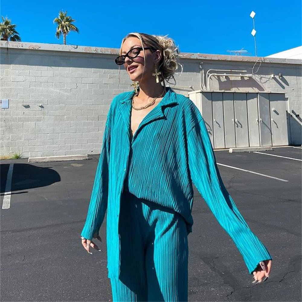 Pleated Design Shirt Outfit Straight-leg Trousers Loose Drooping Two-piece Set view 17