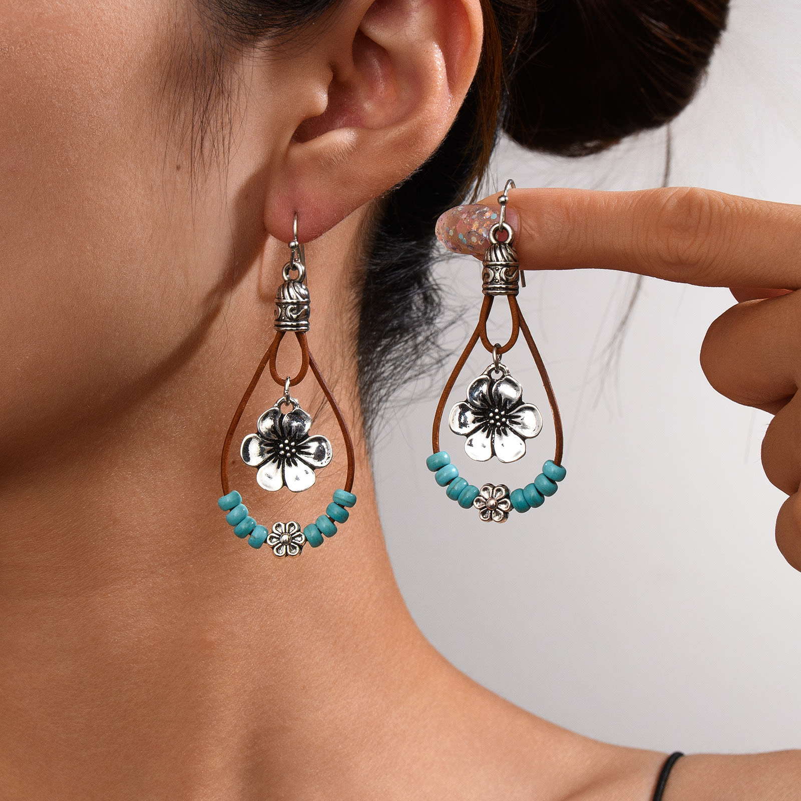 Vintage Earrings Ethnic Style Antique Silver Flower Turquoise Rope Pendant Women's Jewelry view 27