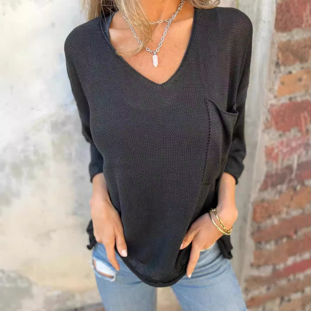 V-neck Long Sleeve Pocket Casual Knitted Sweater Top view 2