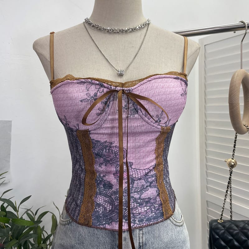 Vintage Ink Painting With Chest Pad Short Lace Up Tube Top For Women view 1
