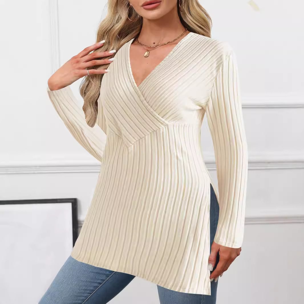 Long Sleeve Solid Color And V-neck Leisure Pajamas Sunken Stripe Top view 2