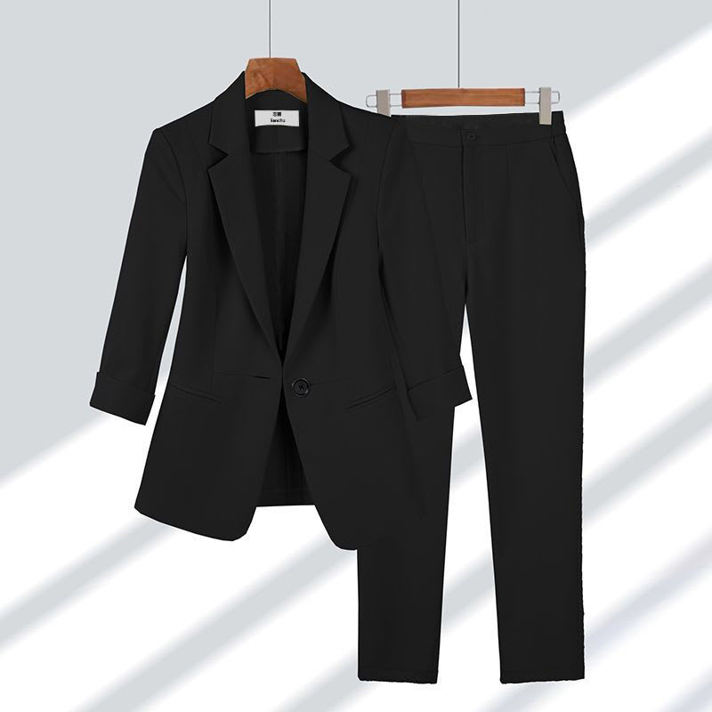2pcs Casual Blazer Set Solid Color Lapel Single-breasted Jacket And Zipper Straight Pants Women's Office Business Suit view 4