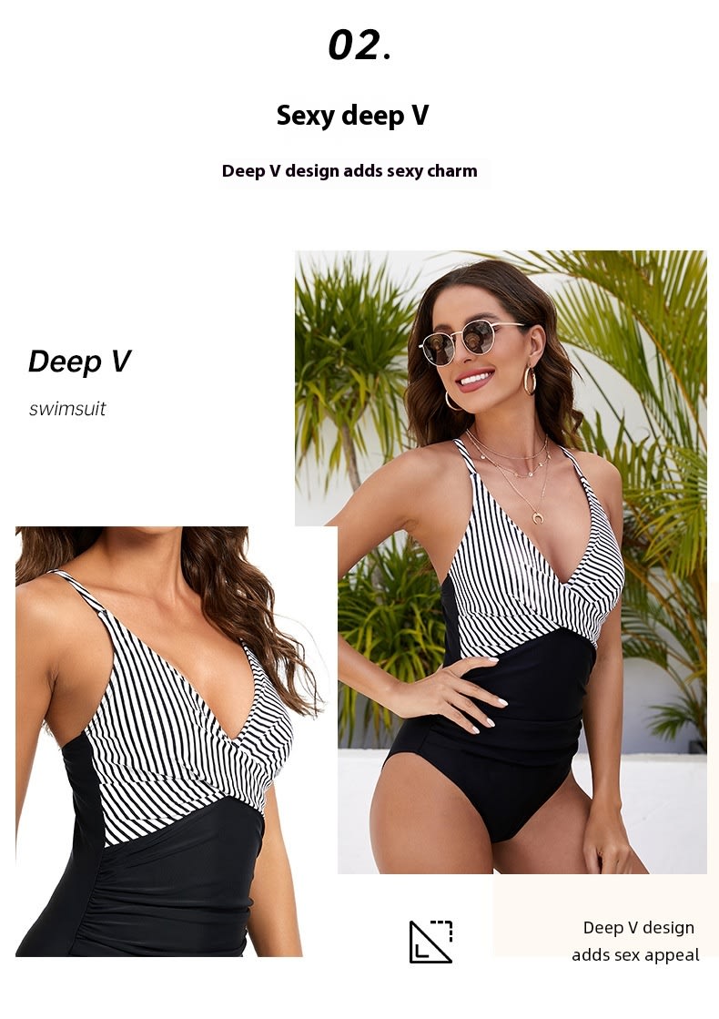 Striped Spaghetti Straps One-piece Swimsuit Sexy Backless Triangle Swimwear view 11